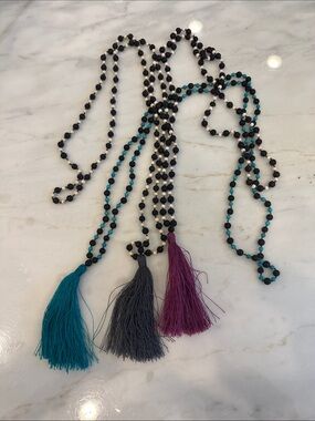 Beaded Tassel Necklace Trio - Teal, Gray, and Purple